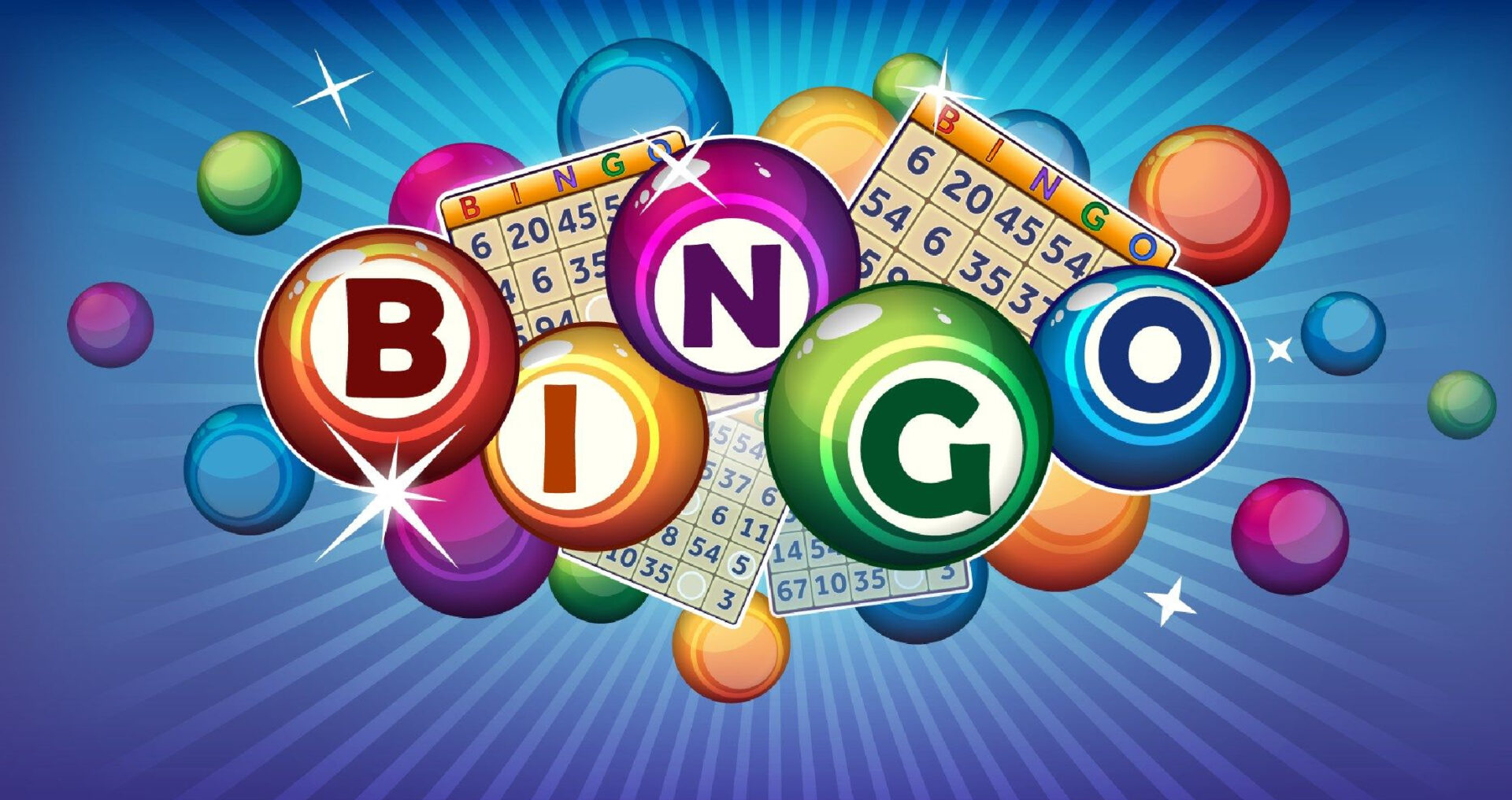 A group of bingo balls and cards on top of a blue background.